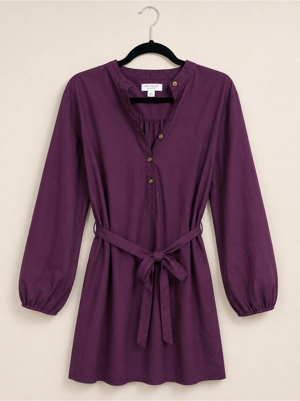 Ann Taylor Plum Button-Front Tie Waist Dress